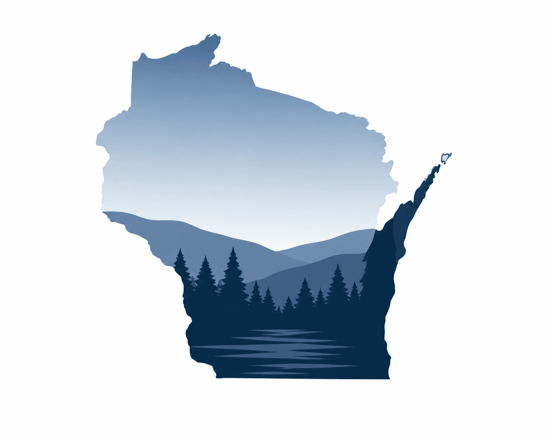Illustration of Wisconsin framing a serene Northwoods landscape of forest, hills, and a lake